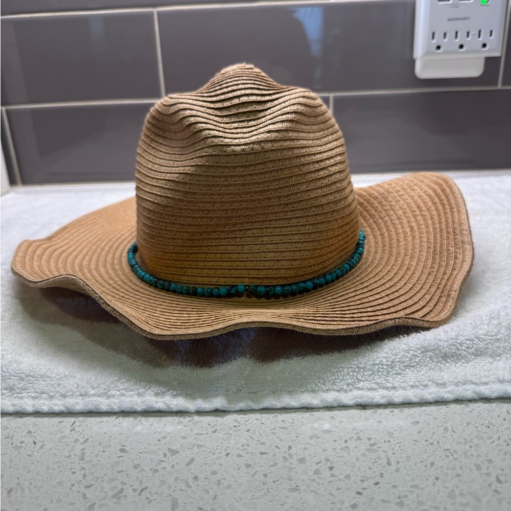 INC International Concepts Tan and Turquoise Blue Hat with Wide Brim NWT - Picture 6 of 6